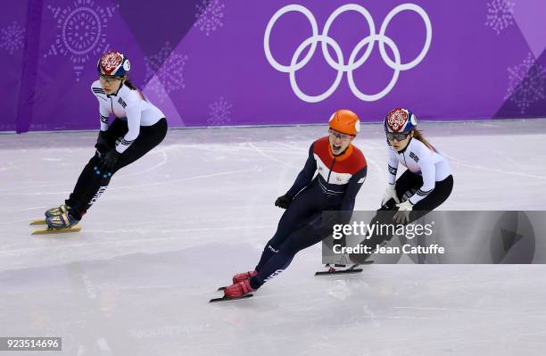 Suzanne Schulting of the Netherlands wins front of Sukhee Shim of South Korea and Minjeong Choi of South Korea during the Short Track Speed Skating...