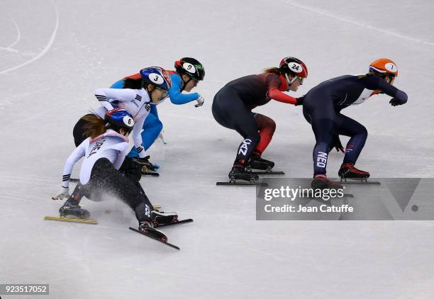 Sukhee Shim and Minjeong Choi of South Korea crash during the Short Track Speed Skating Women's 1000m Final A on day thirteen of the PyeongChang 2018...