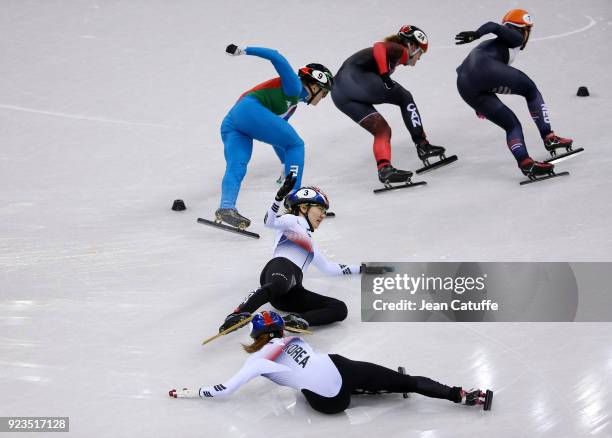 Sukhee Shim and Minjeong Choi of South Korea crash during the Short Track Speed Skating Women's 1000m Final A on day thirteen of the PyeongChang 2018...