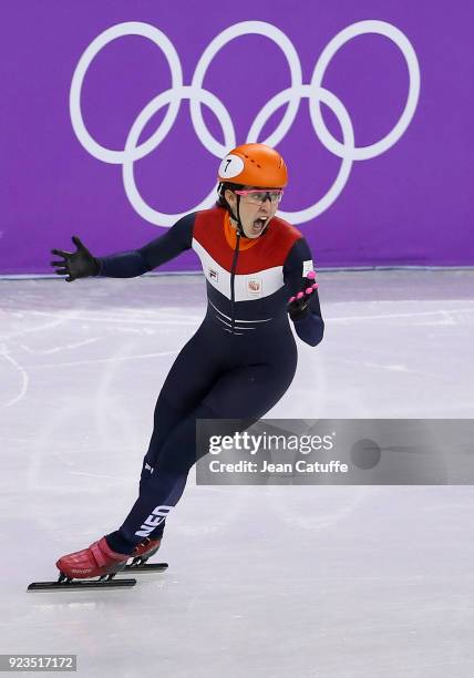 Suzanne Schulting of the Netherlands competes and wins during the Short Track Speed Skating Women's 1000m Final A on day thirteen of the PyeongChang...