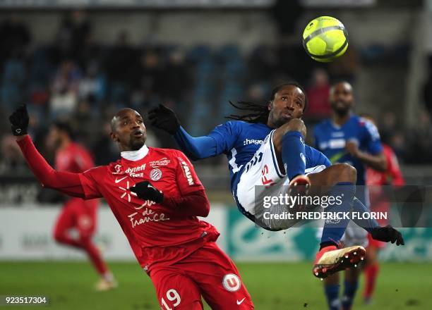 Strasbourg's Burkinabe defender Bakary Kone fights for the ball with Montpellier's Senegalese forward Souleymane Camara during the French L1 football...