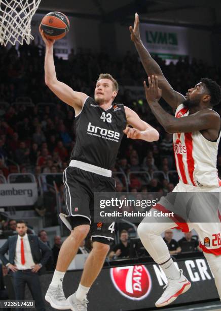 Leon Radosevic, #43 of Brose Bamberg competes with Mathias Lessort, #26 of Crvena Zvezda mts Belgrade in action during the 2017/2018 Turkish Airlines...