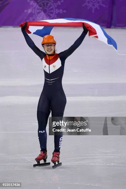 Suzanne Schulting of the Netherlands celebrates her victory following the Short Track Speed Skating Women's 1000m Final A on day thirteen of the...