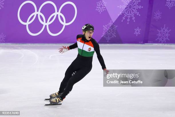 Shaolin Sandor Liu of Hungary celebrates victory during the Short Track Speed Skating Men's 5000m Relay Final A on day thirteen of the PyeongChang...