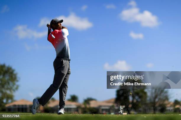 Tiger Woods plays his tee shot on the fifth hole during the second round of the Honda Classic at PGA National Resort and Spa on February 23, 2018 in...