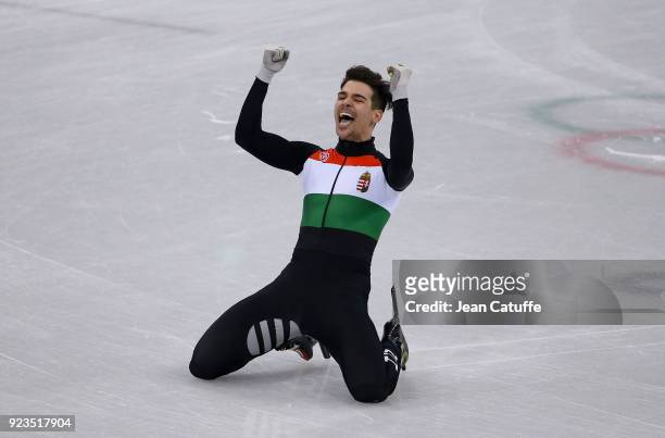 Csaba Burjan of Hungary celebrates victory following the Short Track Speed Skating Men's 5000m Relay Final A on day thirteen of the PyeongChang 2018...