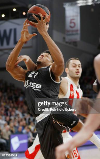 Augustine Rubit, #21 of Brose Bamberg competes with Stefan Jankovic, #16 of Crvena Zvezda mts Belgrade in action during the 2017/2018 Turkish...