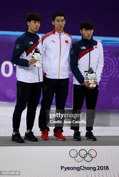 Silver medalist Daeheon Hwang of South Korea, Gold medalist Dajing Wu of China and Bronze medalist Hyojun Lim of South Korea during ceremony...