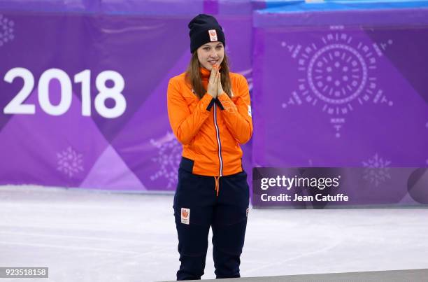 Gold medalist Suzanne Schulting of the Netherlands celebrates during ceremony following the Short Track Speed Skating Women's 1000m Final A on day...