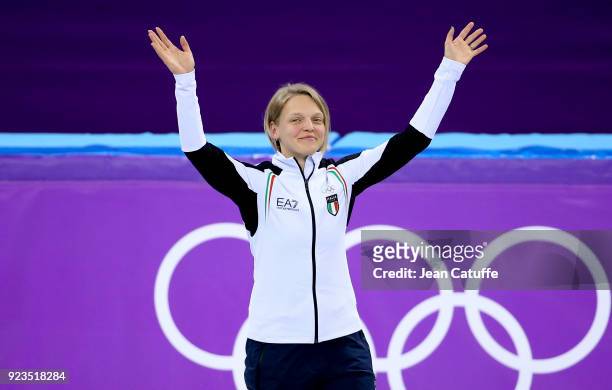 Bronze medalist Arianna Fontana of Italy celebrates during ceremony following the Short Track Speed Skating Women's 1000m Final A on day thirteen of...