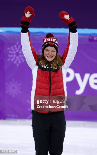 Silver medalist Kim Boutin of Canada celebrates during ceremony following the Short Track Speed Skating Women's 1000m Final A on day thirteen of the...