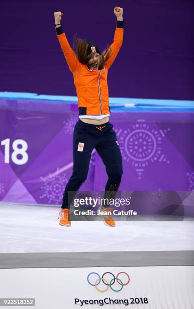 Gold medalist Suzanne Schulting of the Netherlands celebrates during ceremony following the Short Track Speed Skating Women's 1000m Final A on day...