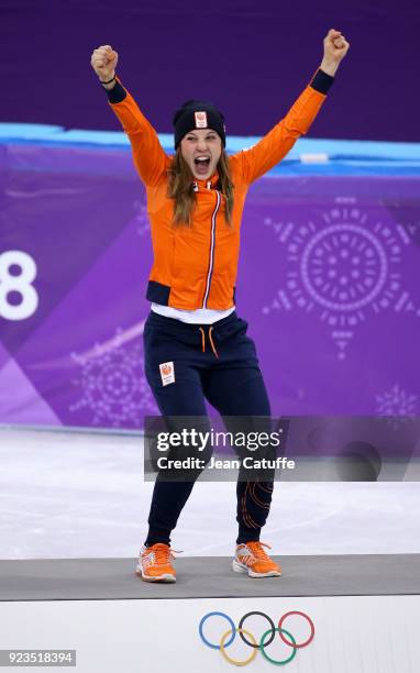 Gold medalist Suzanne Schulting of the Netherlands celebrates during ceremony following the Short Track Speed Skating Women's 1000m Final A on day...