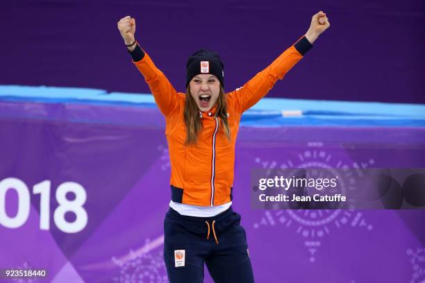 Gold medalist Suzanne Schulting of the Netherlands celebrates during ceremony following the Short Track Speed Skating Women's 1000m Final A on day...