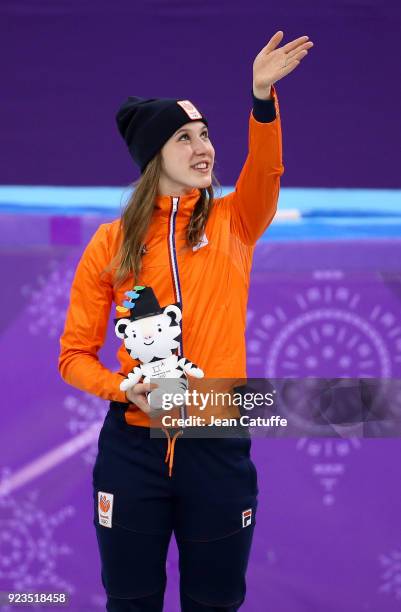 Gold medalist Suzanne Schulting of the Netherlands celebrates during ceremony following the Short Track Speed Skating Women's 1000m Final A on day...