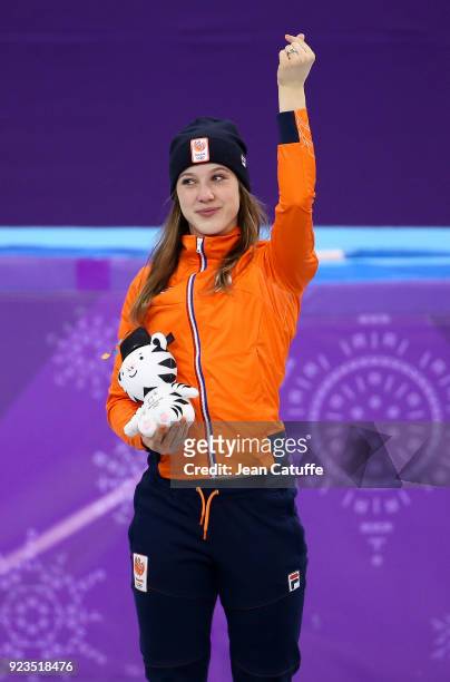 Gold medalist Suzanne Schulting of the Netherlands celebrates during ceremony following the Short Track Speed Skating Women's 1000m Final A on day...