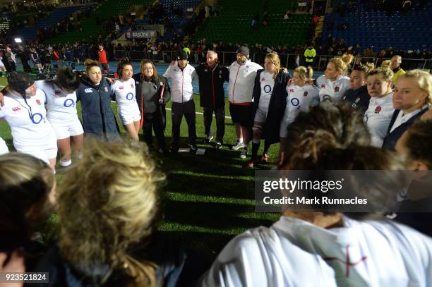 England players come together at the final whistle after their 43-8 victory over Scotland during the Natwest Women's Six Nations match between...