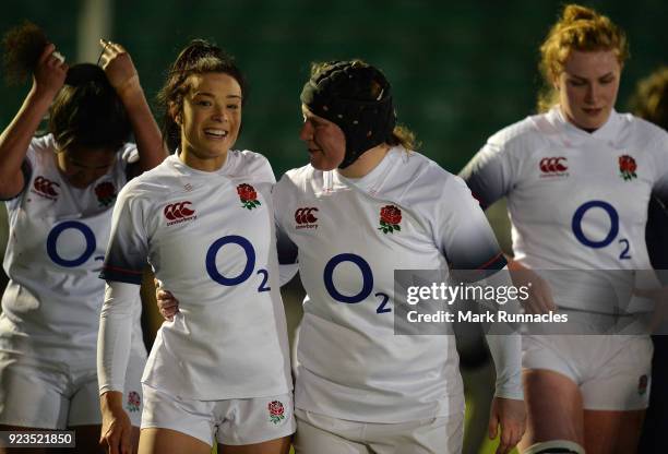 Kelly Smith , of England is congratulated on her England debut by Rochelle Clark of England on her 135 appearance after their 43-8 victory over...