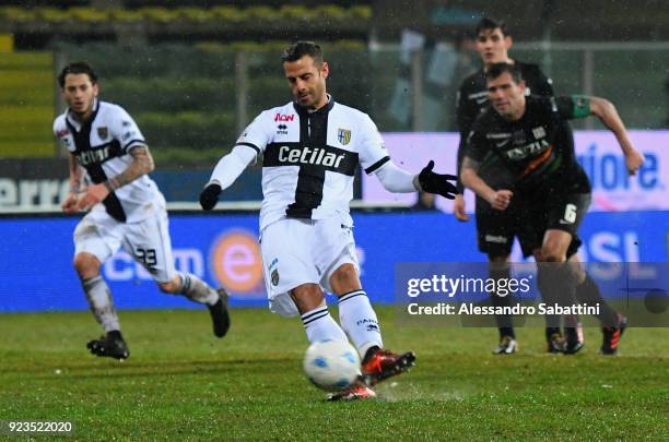 Emanuele Calaiò of Parma Calcio scores the 1-1 goal during the serie B match between Parma Calcio and Venezia FC at Stadio Ennio Tardini on February...