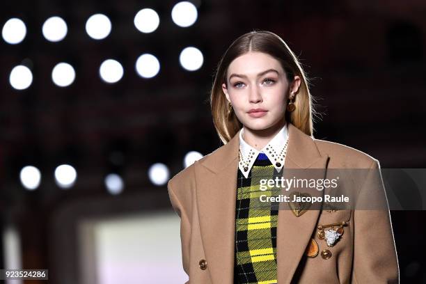 Gigi Hadid walks the runway at the Versace show during Milan Fashion Week Fall/Winter 2018/19 on February 23, 2018 in Milan, Italy.