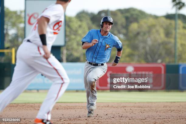 Nick Ciuffo of the Tampa Bay Rays advances to third base against the Baltimore Orioles in the ninth inning of a Grapefruit League spring training...