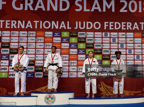 Under 57kg medalists silver medalist Hedvig Karakas of Hungary, gold medalist Nekoda Smythe-Davis of Great Britan, and bronze medalists Otgonbaatar...