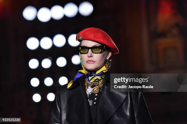 Catherine McNeil walks the runway at the Versace show during Milan Fashion Week Fall/Winter 2018/19 on February 23, 2018 in Milan, Italy.