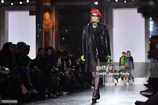Catherine McNeil walks the runway at the Versace show during Milan Fashion Week Fall/Winter 2018/19 on February 23, 2018 in Milan, Italy.