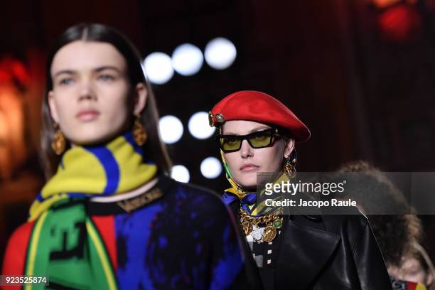 Models walks the runway at the Versace show during Milan Fashion Week Fall/Winter 2018/19 on February 23, 2018 in Milan, Italy.