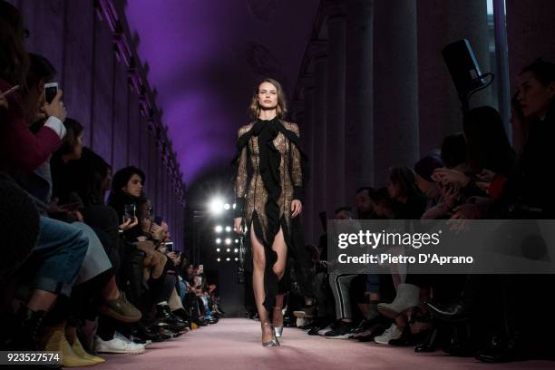 The model Birgit Kos walks the runway at the Blumarine show during Milan Fashion Week Fall/Winter 2018/19 on February 23, 2018 in Milan, Italy.