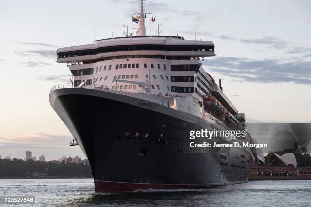 General view of the Cunard ocean liner Queen Mary 2 on arrival into Sydney Harbour on her world cruise from Southampton, England on February 24, 2018...