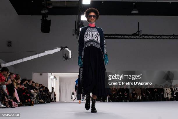 Model walks the runway at the Sportmax show during Milan Fashion Week Fall/Winter 2018/19 on February 23, 2018 in Milan, Italy.