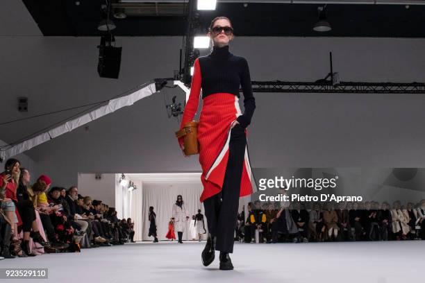 Model walks the runway at the Sportmax show during Milan Fashion Week Fall/Winter 2018/19 on February 23, 2018 in Milan, Italy.
