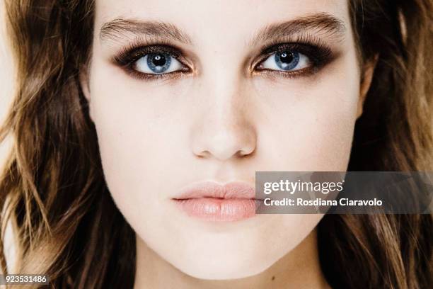 Model, make up detail, Luna Bijl is seen backstage ahead of the Etro show during Milan Fashion Week Fall/Winter 2018/19 on February 23, 2018 in...