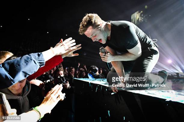Dan Reynolds from Imagine Dragons performs at AccorHotels Arena on February 22, 2018 in Paris, France.