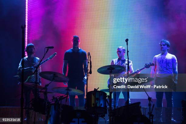 Dan Reynolds,Wayne Sermon, Ben McKee, and Daniel Platzman from Imagine Dragons perform at AccorHotels Arena on February 22, 2018 in Paris, France.