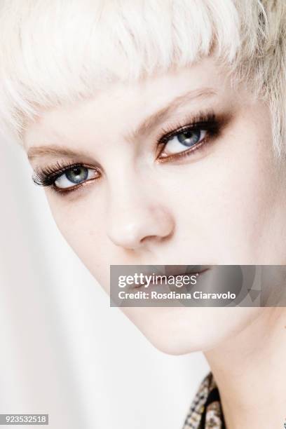 Model Sarah Fraser is seen backstage ahead of the Etro show during Milan Fashion Week Fall/Winter 2018/19 on February 23, 2018 in Milan, Italy.