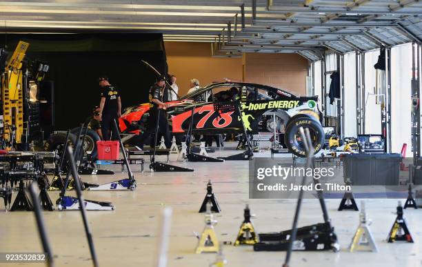 The Bass Pro Shops/5-hour Energy Toyota, driven by Martin Truex Jr.·, is seen in the garage area during qualifying for the Monster Energy NASCAR Cup...
