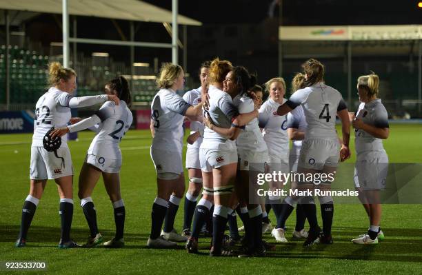 England players come together at the final whistle after their 43-8 victory over Scotland during the Natwest Women's Six Nations match between...