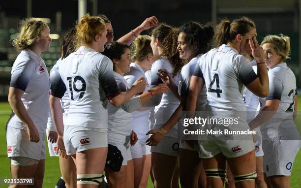 England players come together at the final whistle after their 43-8 victory over Scotland during the Natwest Women's Six Nations match between...