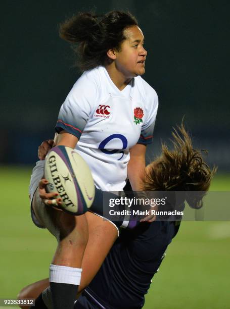 Liga Tuima of England is tackled by Lisa Thomson of Scotland during the Natwest Women's Six Nations match between Scotland Women and England Women at...