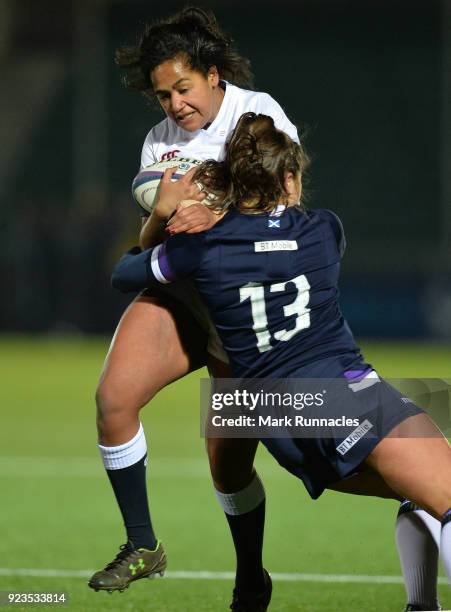 Liga Tuima of England is tackled by Lisa Thomson of Scotland during the Natwest Women's Six Nations match between Scotland Women and England Women at...