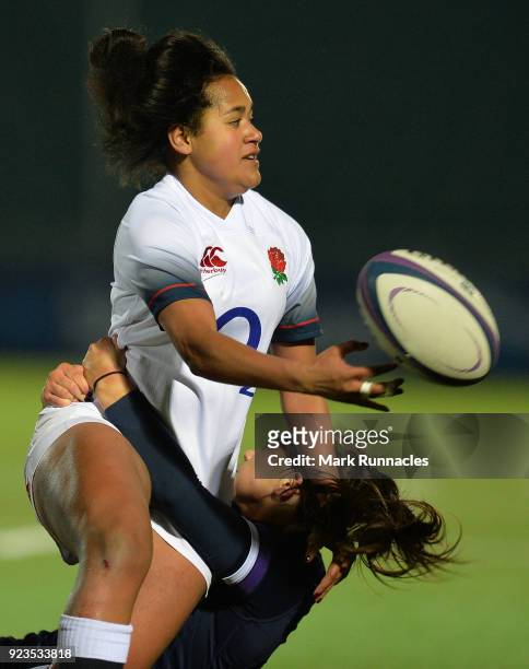 Liga Tuima of England is tackled by Lisa Thomson of Scotland during the Natwest Women's Six Nations match between Scotland Women and England Women at...
