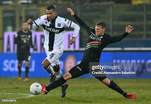 Alessio Da Cruz of Parma Calcio competes for the ball whit Leo Stulac of Venezia FC during the serie B match between Parma Calcio and Venezia FC at...