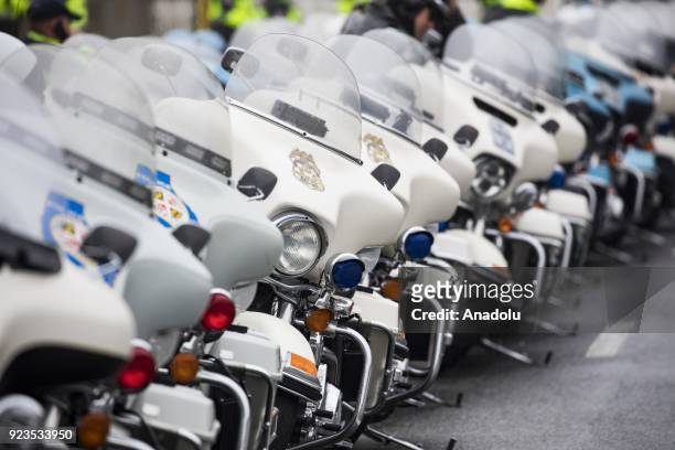 Motorcycle Officers wait to escort the funeral procession for slain Prince Georges County Police Officer Mujahid Ramzziddin at the Diyanet Center of...