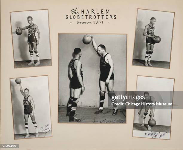 Composite of five photographs of some members of the Harlem Globetrotters basketball team, 1931.