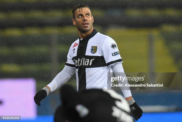 Emanuele Calaiò of Parma Calcio looks on during the serie B match between Parma Calcio and Venezia FC at Stadio Ennio Tardini on February 23, 2018 in...