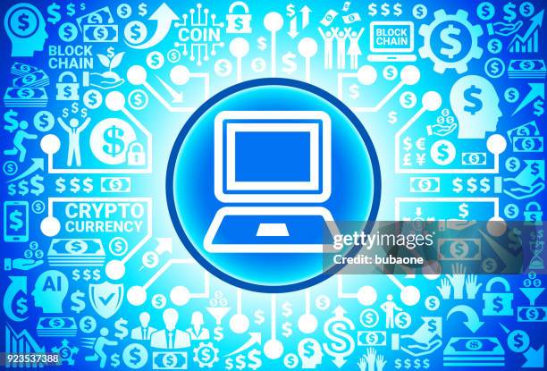 laptop computer icon on money and cryptocurrency background - code graphs screen stock illustrations