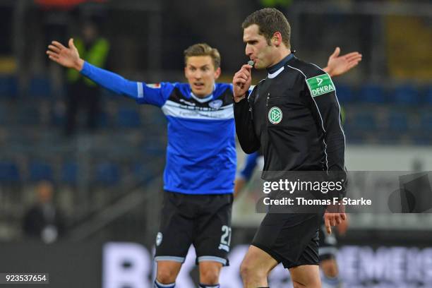 Konstantin Kerschbaumer of Bielefeld reacts as referee Christof Guensch whistles during the Second Bundesliga match between DSC Arminia Bielefeld and...