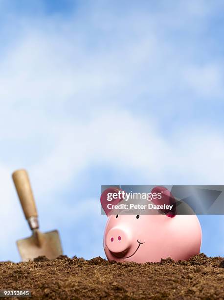 piggy bank and trowel in soil. - saving up for a rainy day engelskt uttryck bildbanksfoton och bilder